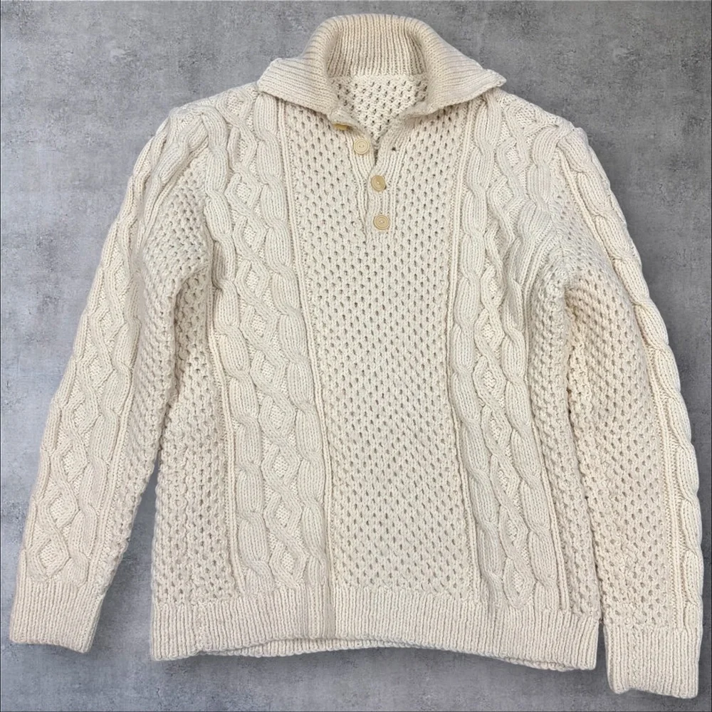 Hand-Knit Aran Fisherman Sweater Men’s Large Cream Wool Blend‎